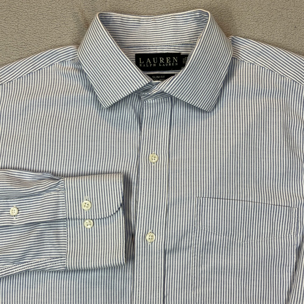 Lauren Ralph Lauren Mens Slim Fit Non Iron Dress Shirt Blue Stripe 15.5 32/33
